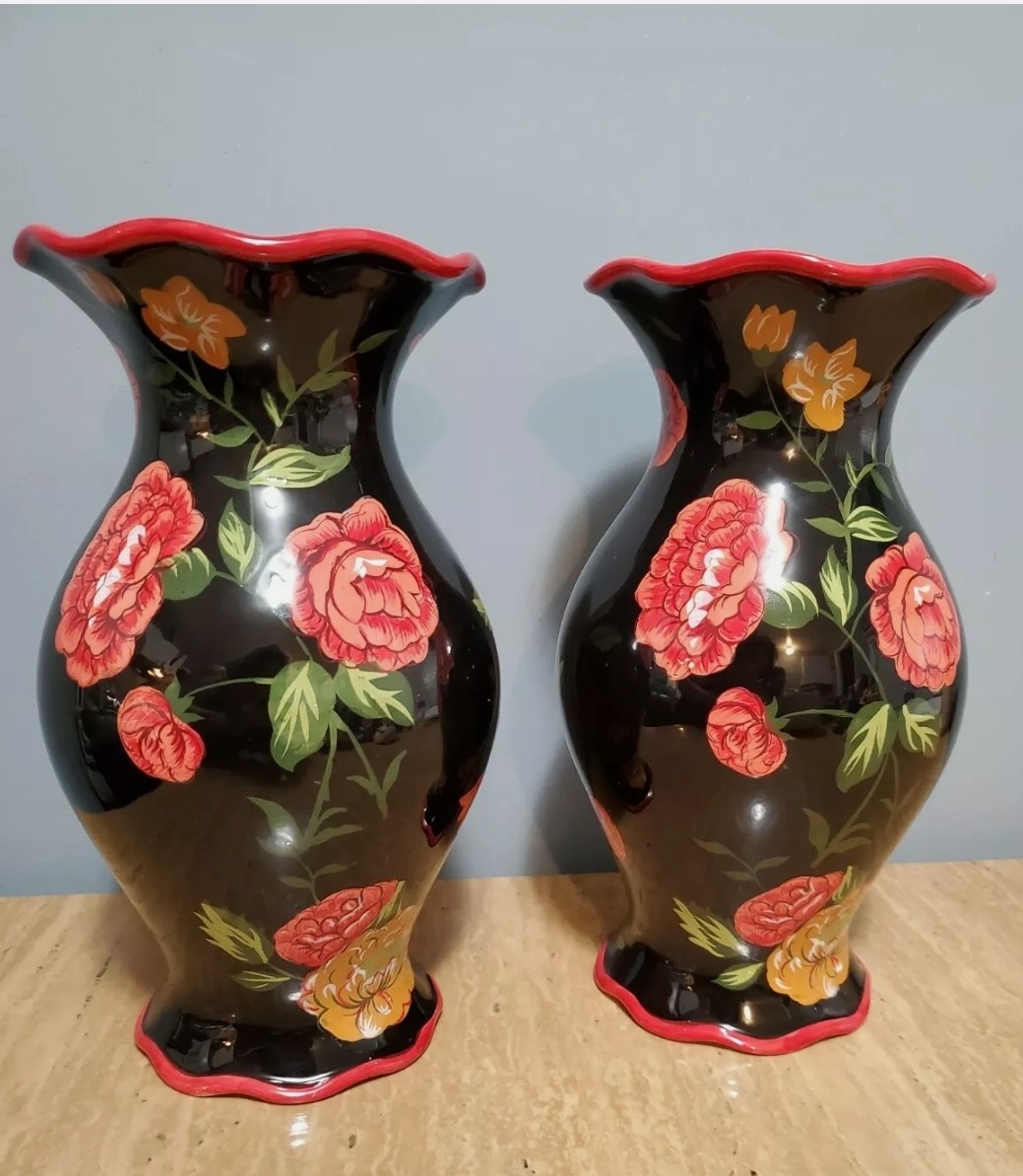 Beautiful Pair of Black Porcelain With Red Floral Paint Red Rim Flower Vase
